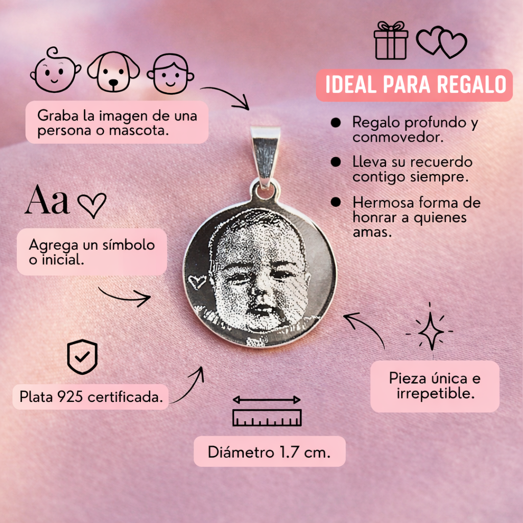 Collar fotograbado con medalla circular de 17 mm. Plata 925 (Pequeño)