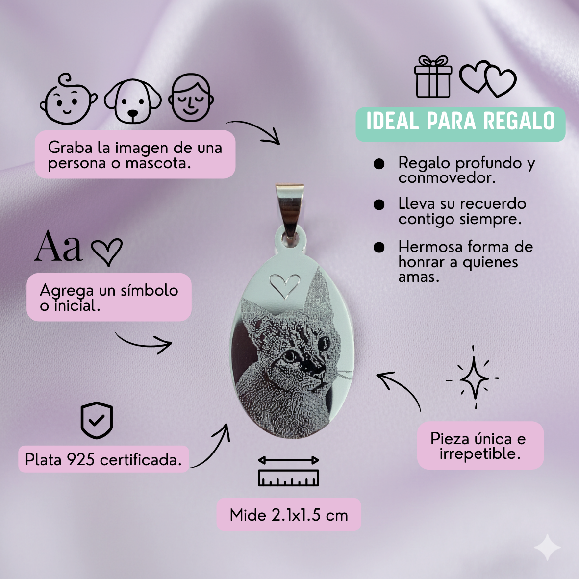 Collar fotograbado con medalla ovalada de 21 mm. Plata 925 (Pequeña)